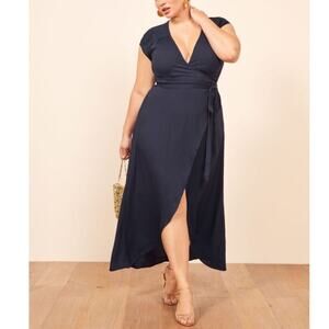 Reformation 1X Chamomile Wrap Dress Navy Blue Plus Size Solid